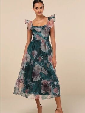 NWT Lulus Sweet Composure Green Floral Organza Off-the-Shoulder Midi Dress XL